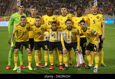 L-R, UP, gardien de but de Belgique Thibaut Courtois, Toby Alderweireld de Belgique, Dedryck Boyata de Belgique, Leander Dendoncker de Belgique, Michy Batshuayi de Belgique, Jan Vertonghen et Down en Belgique, Timothy Castagne en Belgique, Thorgan Hazard en Belgique, Youri Tielemans en Belgique, le capitaine Eden Hazard en Belgique et les Dries Mertens en Belgique posent pour la photo de l'équipe avant un match entre l'équipe nationale belge de football Red Devils et la Russie, à Bruxelles, le jeudi 21 mars 2019, Le premier d'une série de 10 Jeux de qualification de la coupe d'Europe 2020. BELGA PHOTO VIRGINIE LEFOUR Banque D'Images