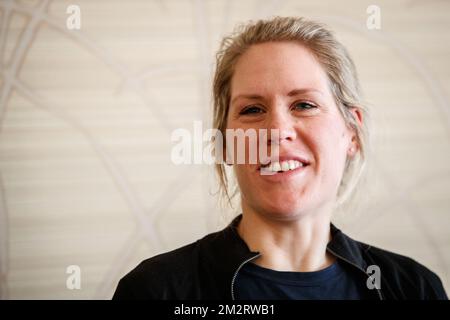 Dutch Ellen Van Dijk photographiée lors d'une conférence de presse de l'équipe Trek-Segafredo, jeudi 04 avril 2019, devant le 'ronde van Vlaanderen - Tour des Flandres - Tour des Flandres' course cycliste d'une journée, à Sint-Michiels, Bruges. BELGA PHOTO KURT DESPLENTER Banque D'Images