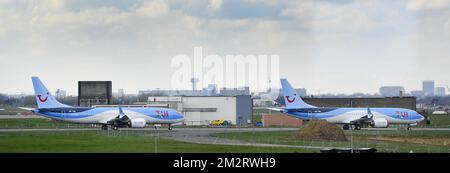 L'illustration montre les Boeing 737 MAX avions de TUI Fly Belgique, mis au sol à l'aéroport de Bruxelles à Zaventem, jeudi 04 avril 2019. BELGA PHOTO YORICK JANSENS Banque D'Images