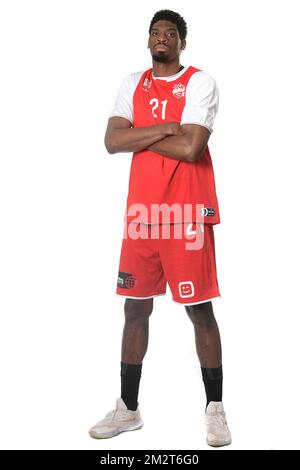 Shevon Thompson d'Ostende pose pour le photographe avant un match de basket-ball entre Kangoeroes Mechelen et BC Oostende, vendredi 19 avril 2019 à Mechelen, le jour 27 de la première division belge de la « Ligue des euroMillions ». BELGA PHOTO DAVID STOCKMAN Banque D'Images