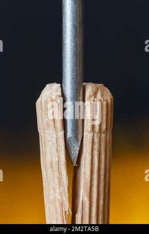Un clou en acier divise un morceau de bois. Gros plan. Banque D'Images