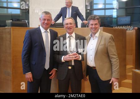 cdH's Dimitri Fourny, Patrick Cornelissen and MR's Yves Evrard pictured during the award ceremony for the 'Talents Wallons' by the Walloon Parliament, at the Elysette, in Jambes, Namur, Thursday 25 April 2019. BELGA PHOTO BRUNO FAHY Stock Photo