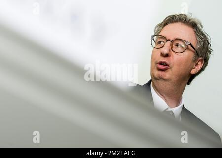 Igor Lebrun photographié lors d'une conférence de presse du Bureau fédéral belge du Plan pour présenter les résultats des calculs de plusieurs suggestions de campagne des partis politiques, vendredi 26 avril 2019, à Bruxelles. BELGA PHOTO JASPER JACOBS Banque D'Images