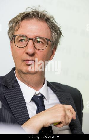 Igor Lebrun photographié lors d'une conférence de presse du Bureau fédéral belge du Plan pour présenter les résultats des calculs de plusieurs suggestions de campagne des partis politiques, vendredi 26 avril 2019, à Bruxelles. BELGA PHOTO JASPER JACOBS Banque D'Images