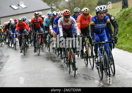 Tchèque Josef Cerny de CCC Team, belge Greg Van Avermaet de CCC Team et belge Dries Devenyns de Deceuninck - Quick-Step photographié en action lors de l'édition 105th de la course cycliste d'une journée Liège-Bastogne-Liège, dimanche 28 avril 2019, 258 km, à Liège. BELGA PHOTO ERIC LALMAND Banque D'Images