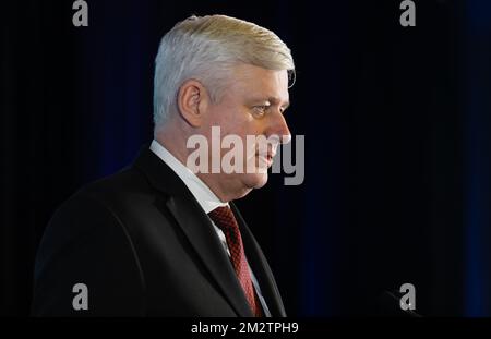 Washington DC, États-Unis. 09th décembre 2022. Stephen Harper, premier ministre du Canada de 2006 à 2015 lors de son discours au forum de l'UDI de 2022 à Washington DC. Les forums IDU réunissent des décideurs politiques, des hauts responsables de partis et des leaders d'opinion issus de notre appartenance mondiale et au-delà. Les rassemblements de l'UDI permettent un échange ouvert et des débats vigoureux dans un environnement unique entre des partenaires partageant les mêmes idées et engagés dans des valeurs communes de liberté et de démocratie. Crédit : SOPA Images Limited/Alamy Live News Banque D'Images