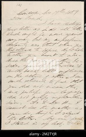 F. B. Sanborn autograph letter signed to [Thomas Wentworth Higginson], Concord, 19 November 1859 , Abolitionists, United States, Antislavery movements, United States, History, 19th century, Harpers Ferry W. Va., History, John Brown's Raid, 1859, Howe, S. G. Samuel Gridley, 1801-1876. John Brown- Correspondence relating to John Brown and the raid on Harpers Ferry Stock Photo