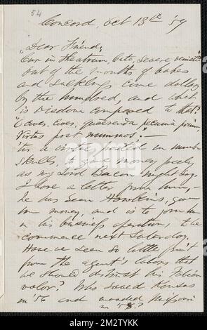 F. B. Sanborn autograph letter signed to [Thomas Wentworth Higginson], Concord, 13 October [18]59 , Abolitionists, United States, Antislavery movements, United States, History, 19th century, Harpers Ferry W. Va., History, John Brown's Raid, 1859, Brown, John, 1800-1859. John Brown- Correspondence relating to John Brown and the raid on Harpers Ferry Stock Photo