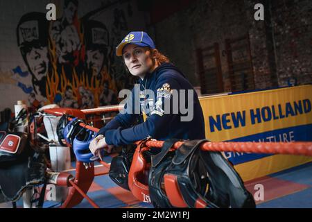 Belgian boxer Delfine Persoon pictured during a training session in preparation of her fight against Irish Katie Taylor, Thursday 23 May 2019 in Lichtervelde. Persoon is 10-time WBC World Champion. She will fight Taylor in Madison Garden, New York on June 1st 2019. BELGA PHOTO DIRK WAEM Stock Photo