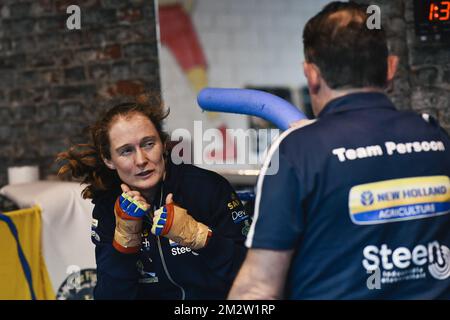 Belgian boxer Delfine Persoon pictured during a training session in preparation of her fight against Irish Katie Taylor, Thursday 23 May 2019 in Lichtervelde. Persoon is 10-time WBC World Champion. She will fight Taylor in Madison Garden, New York on June 1st 2019. BELGA PHOTO DIRK WAEM Stock Photo