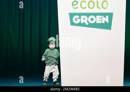 Illustration picture shows party logos at the post-election meeting of Ecolo and Groen, the frenchspeaking and the Flemish ecologist parties, in Brussels, Sunday 26 May 2019. Belgium had regional, federal and European elections on Sunday. BELGA PHOTO LAURIE DIEFFEMBACQ Stock Photo