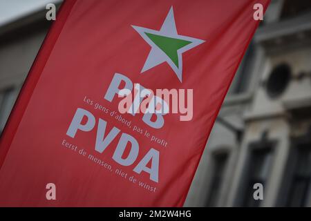 Illustration picture shows party logos at the post-election meeting of far left party PTB-PVDA, in Brussels, Sunday 26 May 2019. Belgium had regional, federal and European elections on Sunday. BELGA PHOTO DAVID STOCKMAN Stock Photo