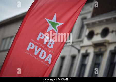 Illustration picture shows party logos at the post-election meeting of far left party PTB-PVDA, in Brussels, Sunday 26 May 2019. Belgium had regional, federal and European elections on Sunday. BELGA PHOTO DAVID STOCKMAN Stock Photo