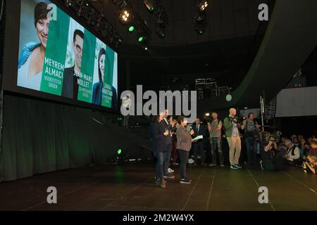 L'illustration montre la réunion post-électorale d'Ecolo et de Groen, les partis écologistes francophones et flamands, à Bruxelles, le dimanche 26 mai 2019. Dimanche, la Belgique a tenu des élections régionales, fédérales et européennes. BELGA PHOTO JAMES ARTHUR GEKIERE Banque D'Images