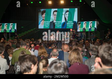 L'illustration montre la réunion post-électorale d'Ecolo et de Groen, les partis écologistes francophones et flamands, à Bruxelles, le dimanche 26 mai 2019. Dimanche, la Belgique a tenu des élections régionales, fédérales et européennes. BELGA PHOTO JAMES ARTHUR GEKIERE Banque D'Images