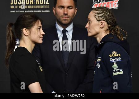 Irish Katie Taylor and Belgian boxer Delfine Persoon pictured during a press conference, in preparation of their fight, Wednesday 29 May 2019 in New York, US. Persoon is 10-time WBC World Champion. She will fight Taylor in Madison Garden, New York on June 1st 2019. BELGA PHOTO DIRK WAEM  Stock Photo