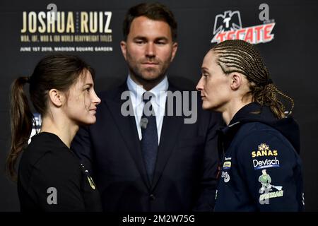 Irish Katie Taylor and Belgian boxer Delfine Persoon pictured during a press conference, in preparation of their fight, Wednesday 29 May 2019 in New York, US. Persoon is 10-time WBC World Champion. She will fight Taylor in Madison Garden, New York on June 1st 2019. BELGA PHOTO DIRK WAEM  Stock Photo