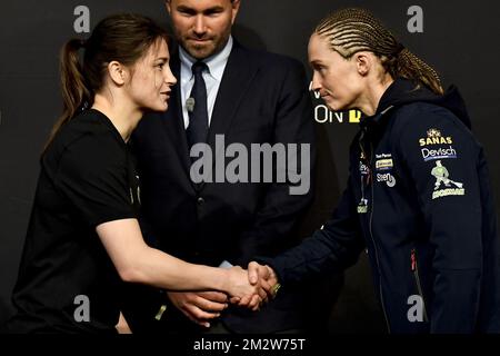 Irish Katie Taylor and Belgian boxer Delfine Persoon pictured during a press conference, in preparation of their fight, Wednesday 29 May 2019 in New York, US. Persoon is 10-time WBC World Champion. She will fight Taylor in Madison Garden, New York on June 1st 2019. BELGA PHOTO DIRK WAEM  Stock Photo