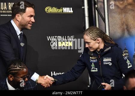 Eddie Hearn, Matchroom Sport boxing promotor and Belgian Delfine Persoon pictured during a press conference of Belgian boxer Delfine Persoon, in preparation of her fight against Irish Katie Taylor, Wednesday 29 May 2019 in New York, US. Persoon is 10-time WBC World Champion. She will fight Taylor in Madison Garden, New York on June 1st 2019. BELGA PHOTO DIRK WAEM Stock Photo