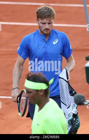 Belgian David Goffin (ATP 29) and Spanish Rafael Nadal (ATP 2) pictured during their tennis game in the men's singles third round at the Roland Garros French Open tennis tournament, in Paris, France, Friday 31 May 2019. The main draw of this year's Roland Garros Grand Slam takes place from 26 May to 9 June. BELGA PHOTO VIRGINIE LEFOUR  Stock Photo