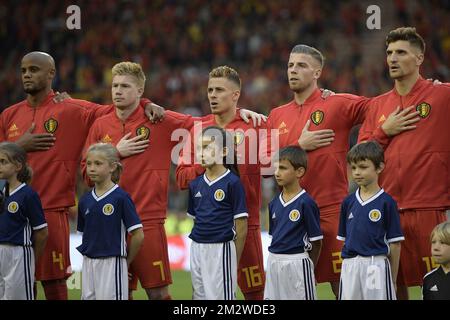 Vincent Kompany en Belgique, Kevin de Bruyne en Belgique, Thorgan Hazard en Belgique, Toby Alderweireld en Belgique et Thomas Meunier en Belgique, photographiés avant le début d'un match de football entre l'équipe nationale belge les Red Devils et l'Écosse, mardi 11 juin 2019 à Bruxelles, un match de qualification Euro 2020 de l'UEFA. BELGA PHOTO YORICK JANSENS Banque D'Images