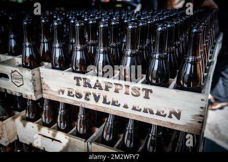 L'illustration montre des caisses de bière au Sint-Sixtusabdij (Abbaye Saint-Sixte - Abbaye Saint-Sixte), la brasserie trappiste Westvleteren, vendredi 14 juin 2019 à Westvleteren. BELGA PHOTO KURT DESPLENTER Banque D'Images