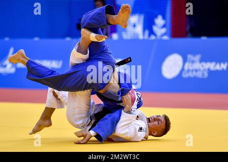 Judoka belge Jorre Verstraeten photographiée en action lors de la compétition de judo hommes -60kg aux Jeux européens de Minsk, Biélorussie, samedi 22 juin 2019. La deuxième édition des "Jeux européens" a lieu du 21 au 30 juin à Minsk, en Biélorussie. La Belgique présentera 51 athlètes de 11 sports. BELGA PHOTO DIRK WAEM Banque D'Images