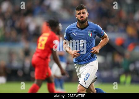 L'Italien Patrick Cutrone célèbre après avoir marqué lors d'un match de football entre l'équipe nationale belge U21 et l'équipe italienne U21, samedi 22 2019 juin 2019, match 3/3 dans le groupe A aux championnats européens de moins de 21 ans de Reggio, Italie. BELGA PHOTO BRUNO FAHY Banque D'Images