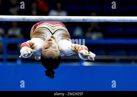 Nina Derwael photographiée en action pendant les qualifications de l'événement de gymnastique artistique des femmes aux Jeux européens de Minsk, Biélorussie, jeudi 27 juin 2019. La deuxième édition des "Jeux européens" a lieu du 21 au 30 juin à Minsk, en Biélorussie. La Belgique présentera 51 athlètes de 11 sports. BELGA PHOTO DIRK WAEM Banque D'Images