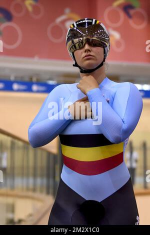Belgian cyclist Nicky Degrendele picturedduring the qualifications of the women's sprint track cycling event at the European Games in Minsk, Belarus, Saturday 29 June 2019. The second edition of the 'European Games' takes place from 21 to 30 June in Minsk, Belarus. Belgium will present 51 athletes from 11 sports. BELGA PHOTO DIRK WAEM Stock Photo
