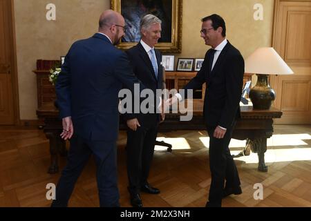 Le Premier ministre belge Charles Michel, le roi Philippe - Filip de Belgique et Wouter Beke de CD&V photographiés lors de la cérémonie de serment de Beke au poste de nouveau ministre de l'emploi, de l'économie, de la consommation et de l'égalité des chances au gouvernement fédéral, mardi 02 juillet 2019, à Bruxelles. Beke succède à Peeters qui a été élu membre du Parlement européen aux élections européennes de 26 mai. BELGA PHOTO ERIC LALMAND Banque D'Images