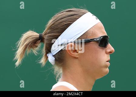 Belge Kirsten Flipkens joue le match entre Taiwan su-Wei Hsieh (WTA 29) et Belge Kirsten Flipkens (WTA 103) dans le deuxième tour de la coupe féminine au tournoi de tennis de Wimbledon 2019 au All England tennis Club, dans le sud-ouest de Londres, en Grande-Bretagne, mercredi 03 juillet 2019. BELGA PHOTO BENOIT DOPPAGNE Banque D'Images