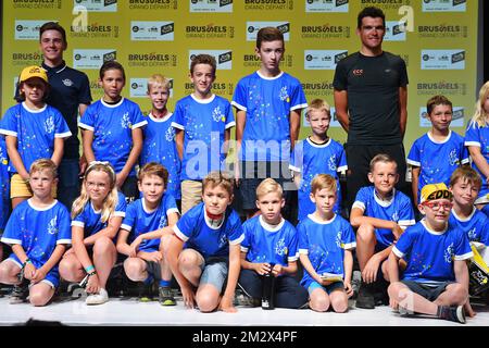 L'illustration montre des enfants posant des questions lors d'une conférence de presse avant l'édition 106th de la course cycliste Tour de France, à Bruxelles, Belgique, le mercredi 03 juillet 2019. Le Tour de France de cette année commence à Bruxelles et se déroule de 6 juillet à 28 juillet. BELGA PHOTO DAVID STOCKMAN Banque D'Images