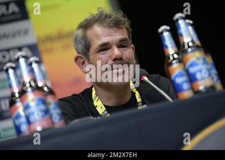 Ralph Denk, chef d'équipe de Bora-Hansgrohe, photographié lors d'une conférence de presse de l'équipe cycliste de Bora-Hansgrohe, en prévision de l'édition 106th de la course cycliste Tour de France, à Bruxelles, Belgique, le vendredi 05 juillet 2019. Le Tour de France de cette année commence à Bruxelles et se déroule de 6 juillet à 28 juillet. BELGA PHOTO YORICK JANSENS Banque D'Images