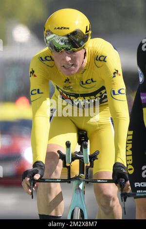 Dutch Mike Teunissen de l'équipe Jumbo-Visma photographié lors de l'arrivée de la deuxième étape de l'édition 106th de la course cycliste Tour de France, un procès de 27,6km heures d'équipe à Bruxelles, Belgique, dimanche 07 juillet 2019. Le Tour de France de cette année commence à Bruxelles et se déroule de 6 juillet à 28 juillet. BELGA PHOTO YORICK JANSENS Banque D'Images