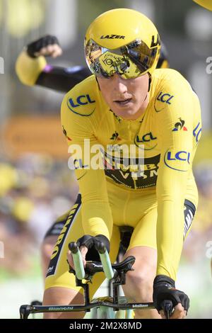 Dutch Mike Teunissen de l'équipe Jumbo-Visma photographié lors de l'arrivée de la deuxième étape de l'édition 106th de la course cycliste Tour de France, un procès de 27,6km heures d'équipe à Bruxelles, Belgique, dimanche 07 juillet 2019. Le Tour de France de cette année commence à Bruxelles et se déroule de 6 juillet à 28 juillet. BELGA PHOTO YORICK JANSENS Banque D'Images