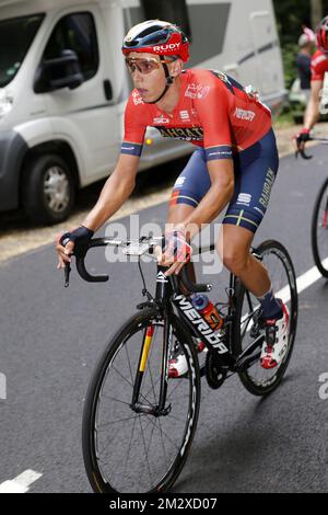 Dylan Belge Teuns of Bahrain-Merida photographié en action pendant la sixième étape de l'édition 106th de la course cycliste Tour de France, de Mulhouse - la Planche des belles filles (160,5 km), jeudi 11 juillet 2019 en France. Le Tour de France de cette année commence à Bruxelles et se déroule de 6 juillet à 28 juillet. BELGA PHOTO YUZURU SUNADA FRANCE OUT Banque D'Images