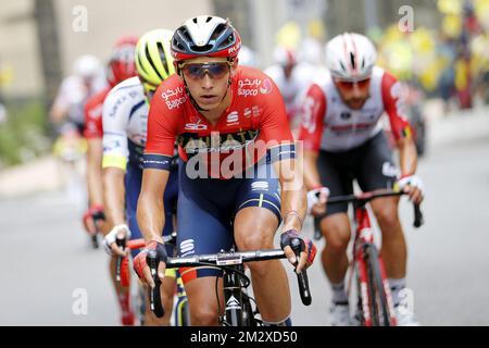 Dylan Belge Teuns of Bahrain-Merida photographié en action pendant la sixième étape de l'édition 106th de la course cycliste Tour de France, de Mulhouse - la Planche des belles filles (160,5 km), jeudi 11 juillet 2019 en France. Le Tour de France de cette année commence à Bruxelles et se déroule de 6 juillet à 28 juillet. BELGA PHOTO YUZURU SUNADA FRANCE OUT Banque D'Images