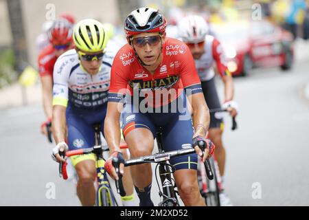 Dylan Belge Teuns of Bahrain-Merida photographié en action pendant la sixième étape de l'édition 106th de la course cycliste Tour de France, de Mulhouse - la Planche des belles filles (160,5 km), jeudi 11 juillet 2019 en France. Le Tour de France de cette année commence à Bruxelles et se déroule de 6 juillet à 28 juillet. BELGA PHOTO YUZURU SUNADA FRANCE OUT Banque D'Images