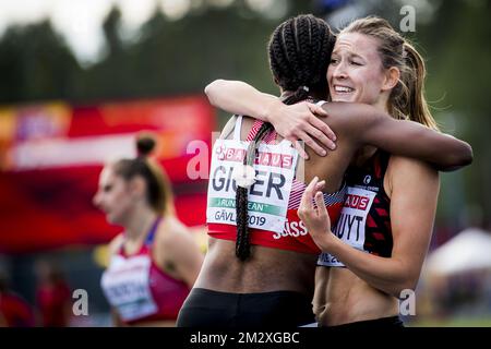 Le Belge Paulien Couckuyt célèbre après avoir remporté la course féminine de 400m haies le quatrième et dernier jour des Championnats européens d'athlétisme U23, dimanche 14 juillet 2019 à Gavle, Suède. BELGA PHOTO JASPER JACOBS Banque D'Images