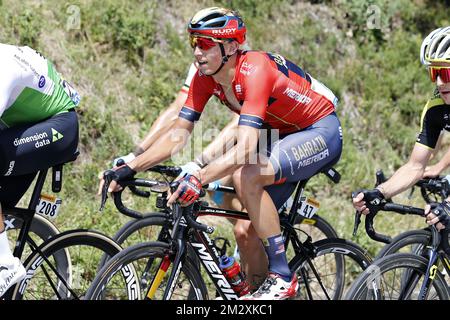 Dylan Belge Teuns of Bahrain-Merida photographié en action pendant la douzième étape de l'édition 106th de la course cycliste Tour de France, à 209,5 km de Toulouse à Bagnères-de-Bigorre, jeudi 18 juillet 2019 en France. Le Tour de France de cette année commence à Bruxelles et se déroule de 6 juillet à 28 juillet. BELGA PHOTO YUZURU SUNADA FRANCE OUT Banque D'Images