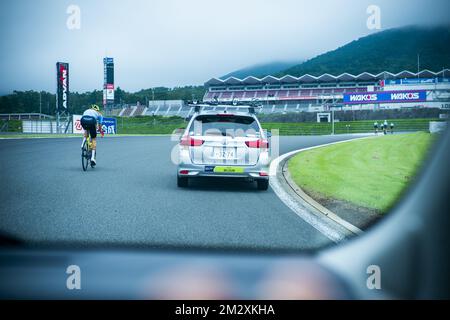 L'illustration montre le circuit de course « Fuji Speedway », pendant les préparatifs avant l'épreuve olympique « Ready Steady Tokyo - Cycling » de dimanche, à Tokyo, le vendredi 19 juillet 2019. BELGA PHOTO ROB WALBERS Banque D'Images