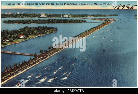 Flotte de pêche se dirigeant vers le ruisseau du golfe le long de MacArthur Causeway, Miami, Floride , Bateaux, Tichnor Brothers Collection, Cartes postales des États-Unis Banque D'Images