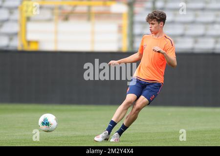 Robbe Quirynen d'Anvers photographié lors d'une session d'entraînement de l'équipe belge de football Royal Antwerp FC, mercredi 07 août 2019 à Bruxelles, en préparation du match de demain contre le club tchèque Viktoria Plzen lors de la troisième manche de qualification de l'UEFA Europa League. BELGA PHOTO BRUNO FAHY Banque D'Images