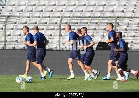 Les joueurs de Plzen photographiés lors d'une session d'entraînement du club tchèque Viktoria Plzen, mercredi 07 août 2019 à Bruxelles, en préparation du match de demain contre l'équipe belge de football Royal Antwerp FC dans le troisième tour de qualification de l'UEFA Europa League. BELGA PHOTO BRUNO FAHY Banque D'Images