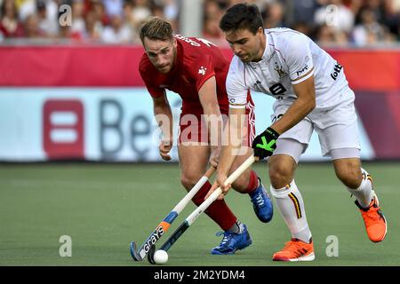 Christopher Griffiths, de Grande-Bretagne, et Simon Gougnard, de Belgique, photographiés en action lors d'un match de hockey entre l'équipe nationale belge, les Red Lions, et l'Angleterre, match 2/3 dans le Pool A des championnats d'Europe « EuroHockey », dimanche 18 août 2019 à Wilrijk, Anvers. BELGA PHOTO DIRK WAEM Banque D'Images