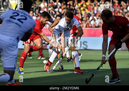 Adam Dixon en Grande-Bretagne et Nicolas de Kerpel en Belgique photographiés en action lors d'un match de hockey entre l'équipe nationale belge, les Lions rouges et l'Angleterre, match 2/3 dans le Pool A des championnats d'Europe « EuroHockey », dimanche 18 août 2019 à Wilrijk, Anvers. BELGA PHOTO DIRK WAEM Banque D'Images