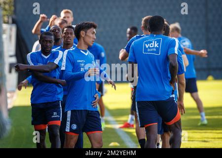 Les joueurs de Gent photographiés lors d'une session d'entraînement du club de football belge KAA Gent, mercredi 21 août 2019 à Gent. Demain, Gent rencontrera l'équipe croate HNK Rijeka dans la première partie des matchs de l'UEFA Europa League. BELGA PHOTO KURT DESPLENTER Banque D'Images