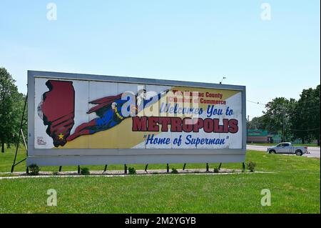 Bienvenue signe dans la maison de Superman, Metropolis, Illinois, États-Unis d'Amérique Banque D'Images