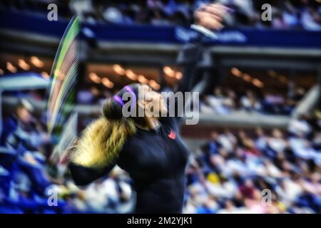 American Serena Williams photographié en action le premier jour du tournoi de tennis US Open Grand Chelem, à Flushing Meadow, à New York City, États-Unis, le lundi 26 août 2019. BELGA PHOTO YORICK JANSENS Banque D'Images